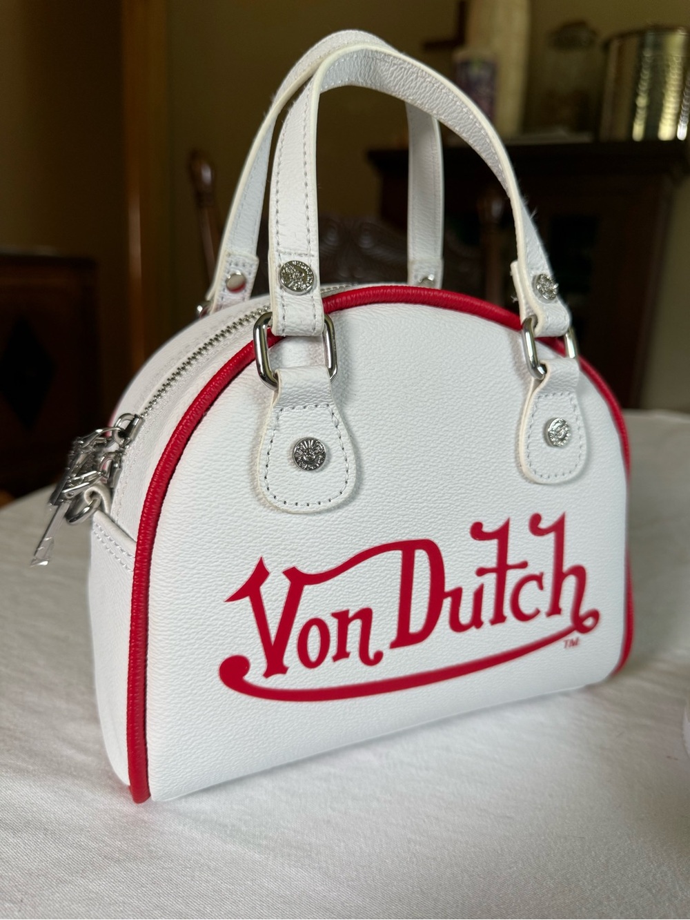 Von Dutch White & Red Logo Mini Dome Satchel